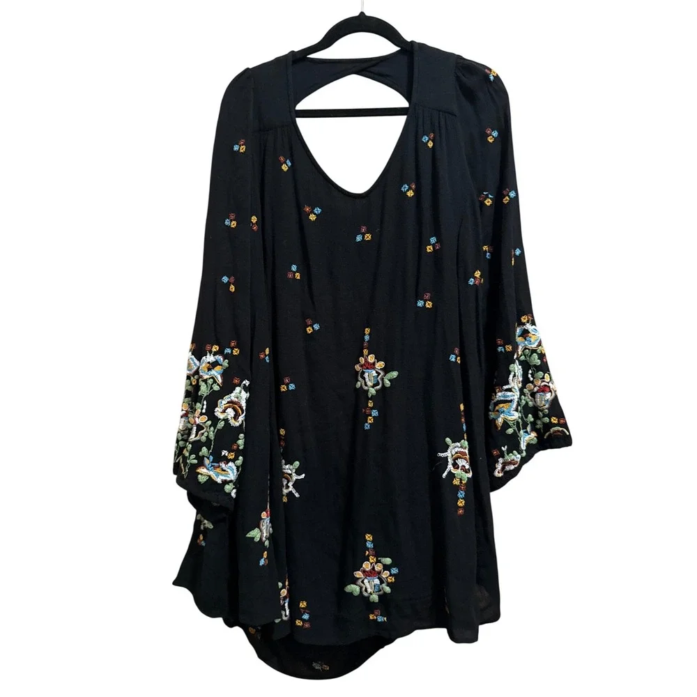 Free People Black Oxford Embroidered Cutout Back Mini Dress Boho Size Small